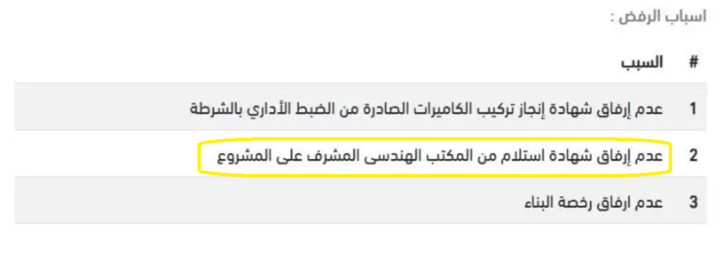 عدم إرفاق شهادة استلام من المكتب الهندسى المشرف على المشروع